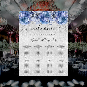 Silberblaue Blumen Hochzeitskarte Poster