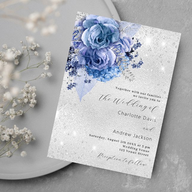 Silberblaue Blumen Luxus Hochzeit Einladung (Von Creator hochgeladen)