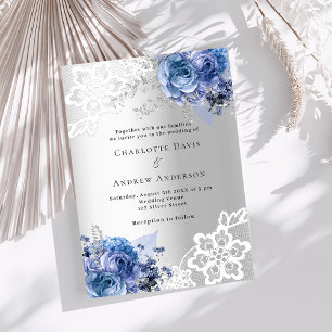 Silberblaue Blumen-Spitzen-Luxus-Hochzeit Einladung