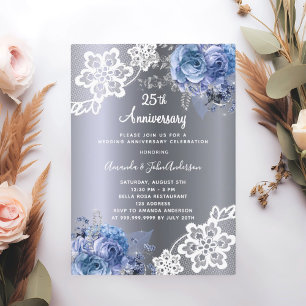 Silberblaue Blumengestelle zum 25. Hochzeitstag Einladung