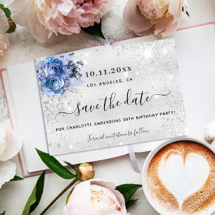 Silberblaue Blumenschrift Save the Date Ankündigungspostkarte