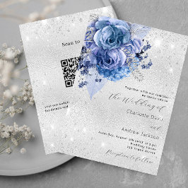 Silberblaue Blütenblätter QR UAWG Details Hochzeit Einladung