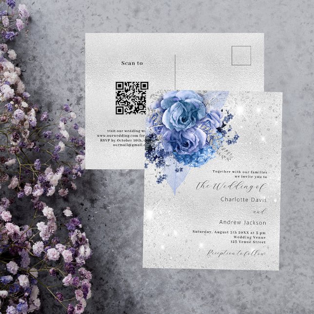 Silberblaue Blütenblätter QR UAWG Details Hochzeit Einladungspostkarte (Von Creator hochgeladen)