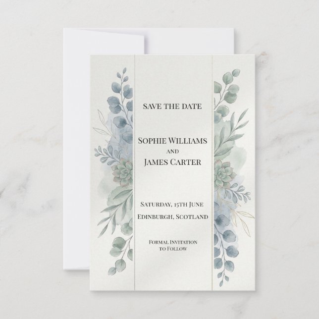Silberblaue Eukalyptus-Hochzeitstag-Karte Save The Date (Vorderseite)