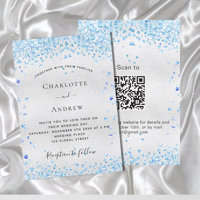 Silberblaue Herzen QR Code UAWG Luxus Hochzeit Einladung (Von Creator hochgeladen)