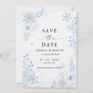 Silberblaue Schneeflocken-Blumen-Winter-Hochzeitsf Save The Date