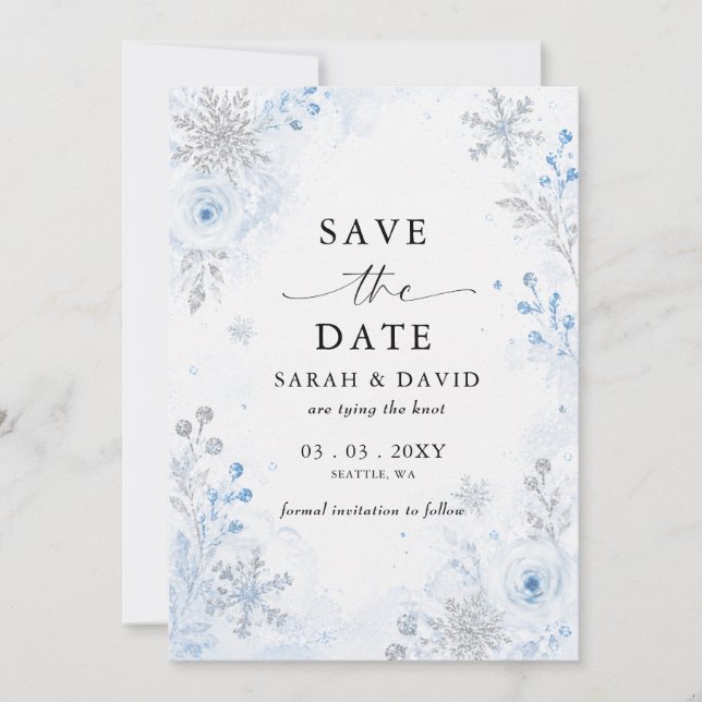 Silberblaue Schneeflocken-Blumen-Winter-Hochzeitsf Save The Date (Vorderseite)