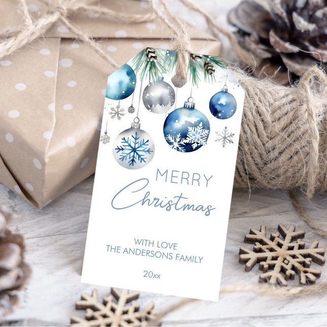 Silberblaue Weihnachtsbaumchen Geschenkanhänger (Watercolor silver metallic blue baubles snowflakes personalized Christmas gift tags)
