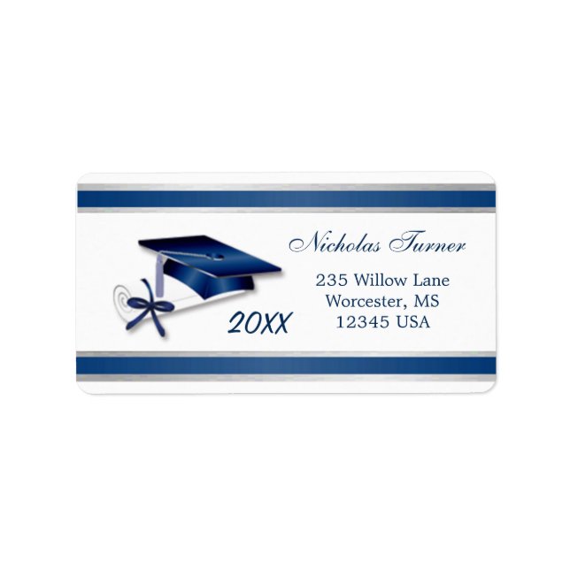 Silberblauer Abschluss Mortar Cap & Diplom Adressaufkleber (Vorne)