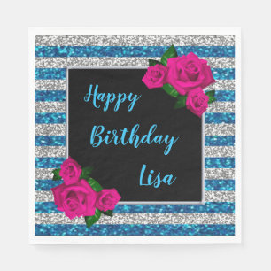 Silberblauer Glitzer Streifen Rosa Rosen Geburtsta Serviette