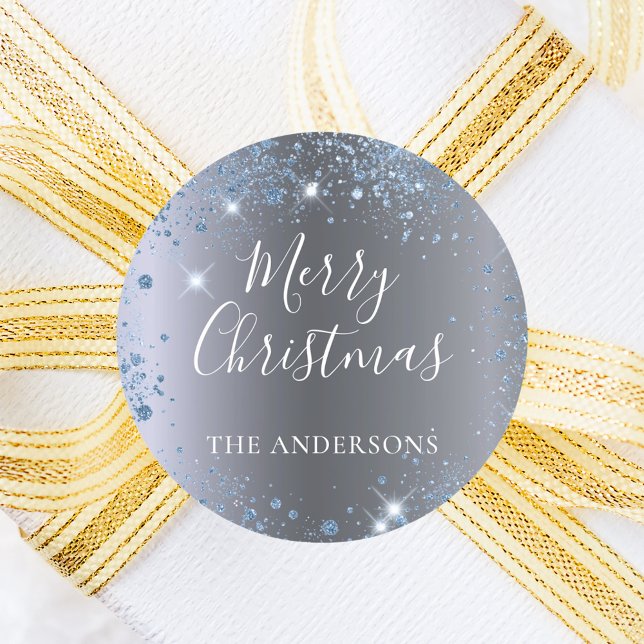 Silberblauer Weihnachtsname des Glitzer Runder Aufkleber (Von Creator hochgeladen)