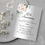 Silberblumen 25. Hochzeitstag Einladung<br><div class="desc">Ein Imitat silber aussehender Hintergrund. Weiße Blumen,  Blume aus Pinien und grüne Eukalyptusgrün im Wasser. Personalisieren und hinzufügen Sie Ihre Namen und Details</div>