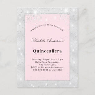 Silberblütenstaub aus Quinceanera, rosa Glitzer Einladungspostkarte