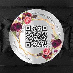 Silberbordeauxblumen goldene geometrische QR Hochz Runder Aufkleber