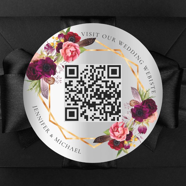 Silberbordeauxblumen goldene geometrische QR Hochz Runder Aufkleber (Von Creator hochgeladen)