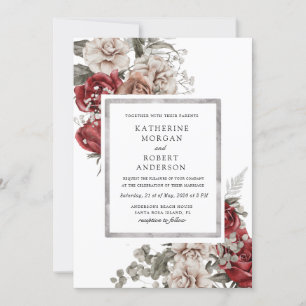 Silberburgund rustikale blumenreiche Hochzeit Einl Einladung