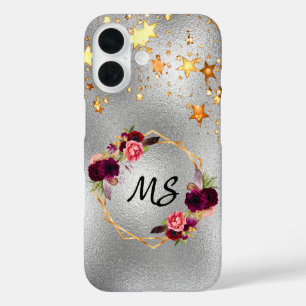 Silberburgunde Blume Goldsterne-Monogramm iPhone 16 Hülle