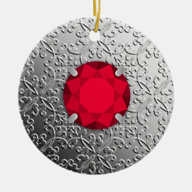 SilberDamast mit Imitat-Granatstein Keramik Ornament (Vorne)