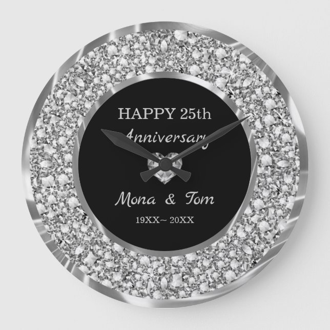 Silberdiamanten und Herz Große Wanduhr (Vorderseite)