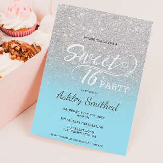 Silbereisblauer Glitzer ombre lila Sweet 16 Einladung
