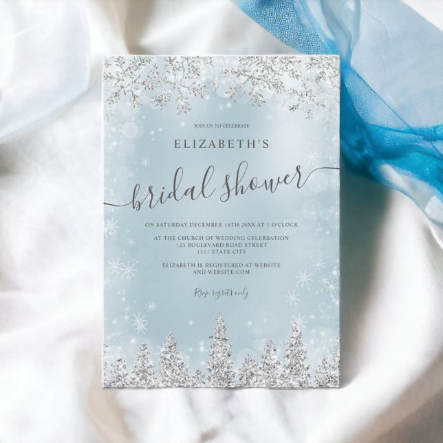 Silbereisblauer Schneekiefer im Winter Brautparty Einladung (Silver ice blue snow pine winter bridal shower invitation)