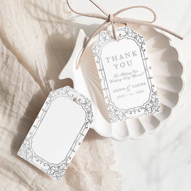 Silberelegante verzierte Vintage Hochzeit danke Geschenkanhänger (Silver elegant ornate vintage wedding thank you gift tags)