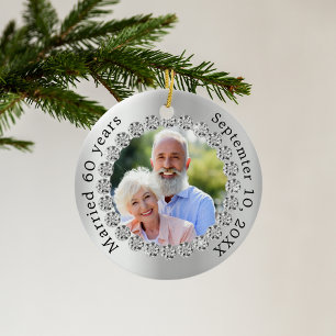 Silberes Foto 60. Jahrestag der Diamantenhochzeit Keramik Ornament