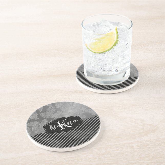 SilberFedern mit Silberstreifen-Monogramm Getränkeuntersetzer (Seite)