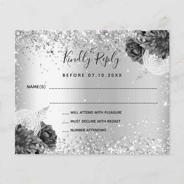 Silberflorale Glitzer Budget Hochzeit RSVP Flyer (Vorne)