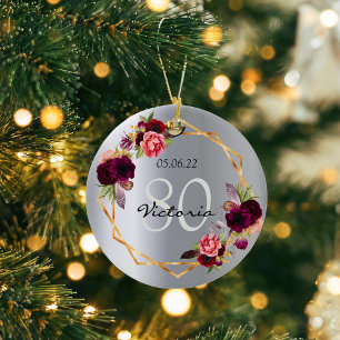 Silberfloralen, geometrisch bordeauxrot, 80. Gebur Keramik Ornament