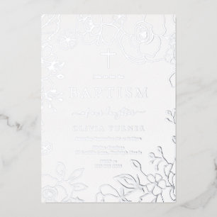 Silberfolie Floral Junge oder Mädchen Taufe Silber Folieneinladung