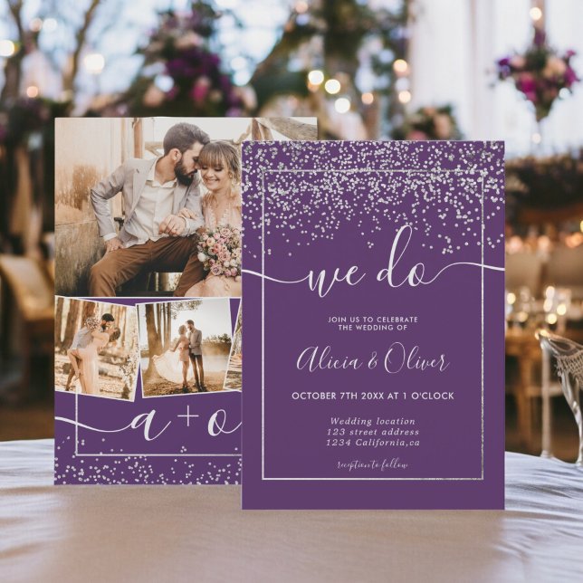 Silberfolie Pflaume lila Foto Initialen Hochzeit Einladung (Silver foil plum purple photo initials wedding invitation)