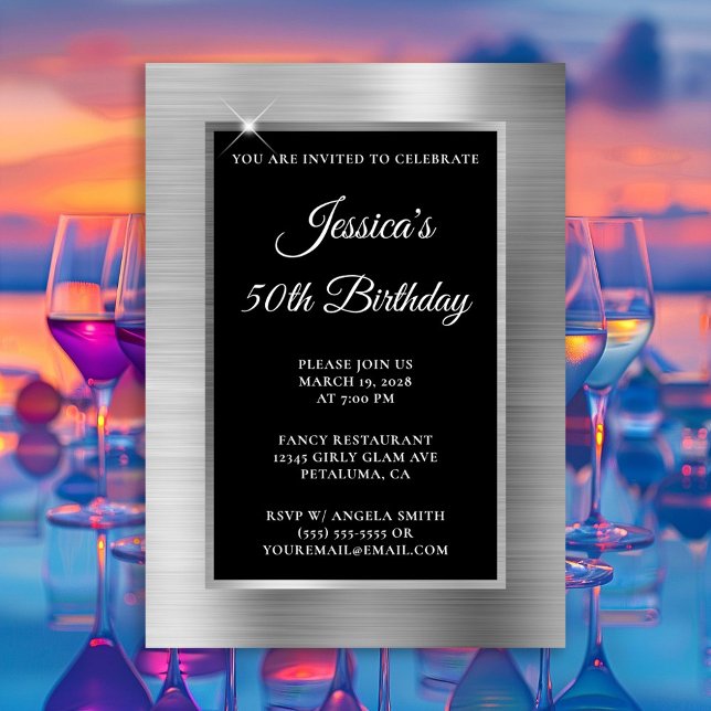 Silberfolie und Schwarz 50. Geburtstag Einladung (Silver Foil and Black 50th Birthday Invitation)