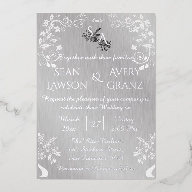 Silberfolie Vintag Silberweiße Ziergrenze Folieneinladung (Vorderseite)