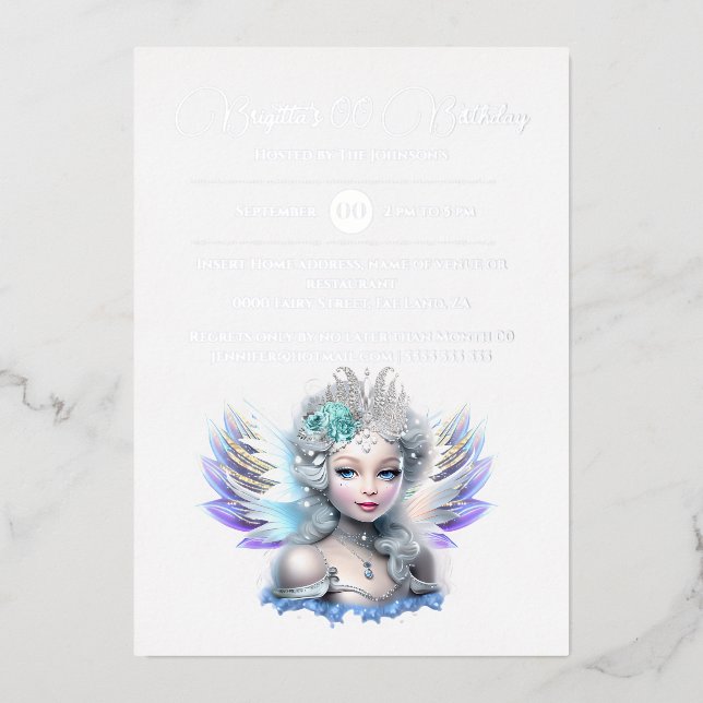 Silberfolienschneeprinzessin 3D blauer Rose Mädche Folieneinladung (Vorderseite)