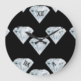 Silberglänzende Diamanten auf schwarz Große Wanduhr