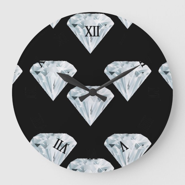 Silberglänzende Diamanten auf schwarz Große Wanduhr (Vorderseite)
