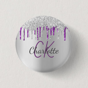 Silberglitter-Tropfen lila personalisierter Name Button
