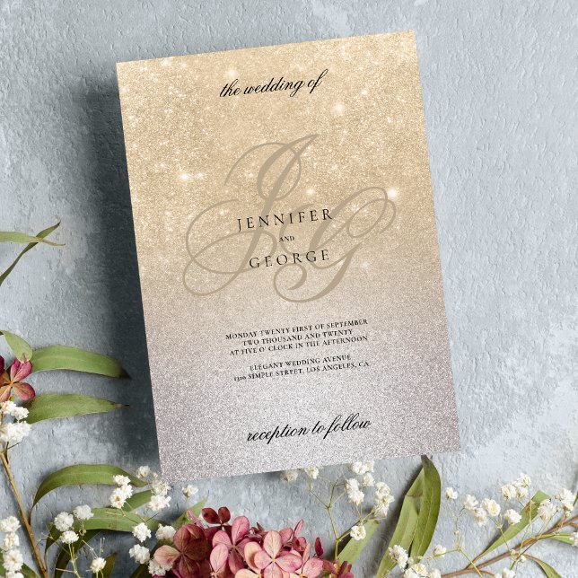 Silbergold Monogramm Initalien ombre Glitzer Hochz Einladung (Silver gold monogram initals ombre glitter wedding invitation)