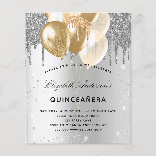 Silbergoldballons aus Quinceanera - Einladung Flyer (Vorne)