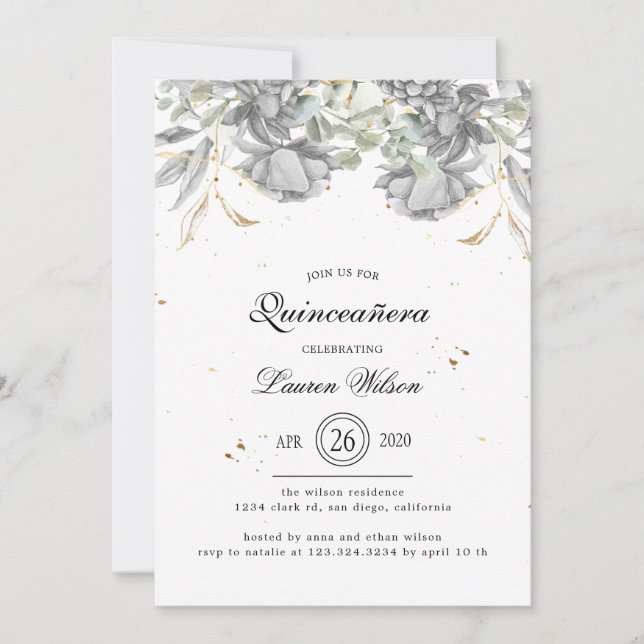 Silbergoldblüte Quinceanera Einladung (Vorderseite)