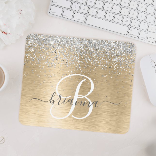 Silbergoldbrushed Metal Glitzer Monogram Name Mousepad (Von Creator hochgeladen)
