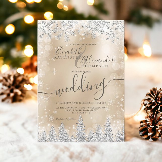 Silbergoldkiefer Weihnachtsfest Einladung (Silver gold snow pine Christmas winter wedding Invitation)