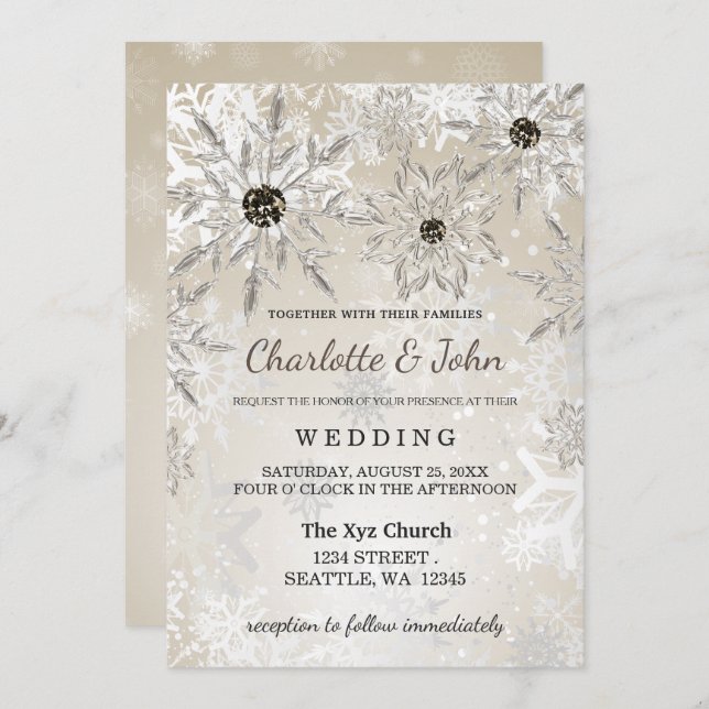 Silbergoldschneeflocken Winterhochzeit Einladung (Vorne/Hinten)