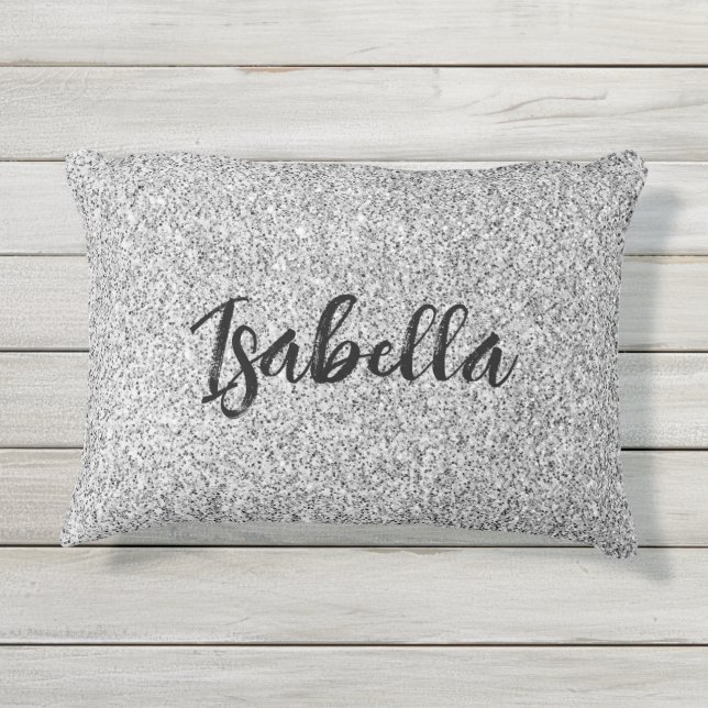 Silbergrau-Glitzer Glitzern Individuelle Name Kissen Für Draußen (Rückseite)