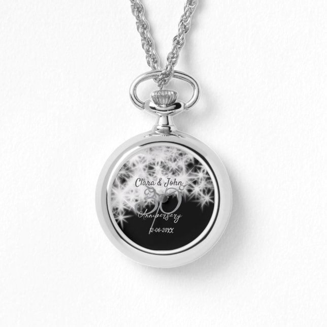 Silbergrau schwarz 30. Hochzeitstag Glitzer Armbanduhr (Vorderseite)