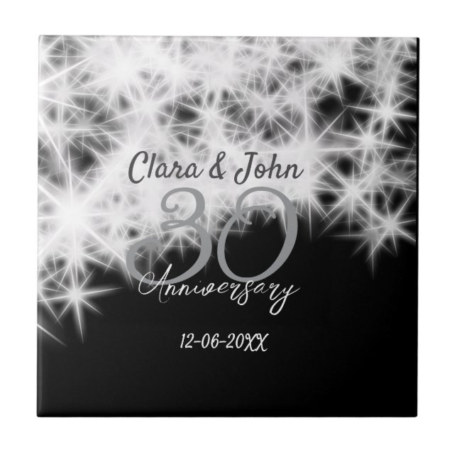 Silbergrau schwarz 30. Hochzeitstag Glitzer Fliese (Vorderseite)
