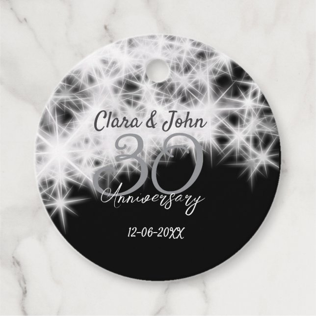 Silbergrau schwarz 30. Hochzeitstag Glitzer Geschenkanhänger (Vorderseite)
