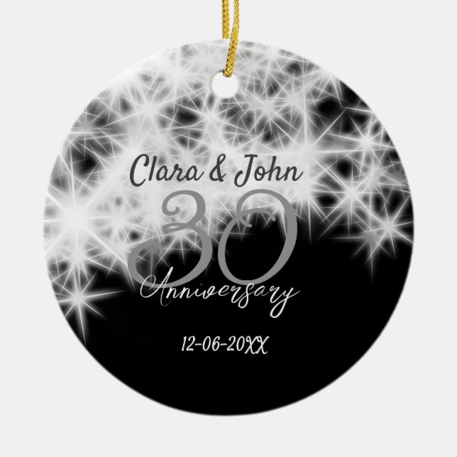 Silbergrau schwarz 30. Hochzeitstag Glitzer Keramik Ornament (Vorne)