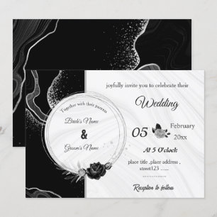 silbergrau & schwarze Blumen botanische Hochzeit Einladung